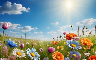 Картинка поле, цветы, flowers, sunshine, spring, цветение, colorful, весна