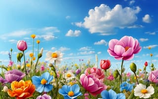 Картинка поле, цветы, spring, colorful, flowers, весна, цветение, sunshine