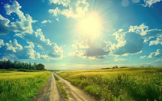 Картинка дорога, поле, весна, summer, sunshine, трава, небо, лето