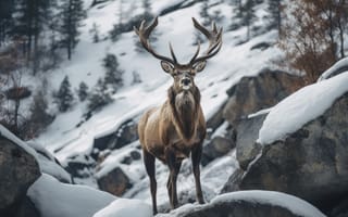 Картинка Зима, Горы, Рога, Олень, Снег, Цифровое искусство, Камни, Деревья