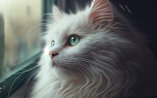Картинка Кошка, Кот, Цифровое искусство, Искусство искусственного интеллекта, Нейросеть, Морда, Окно, ИИ-арт