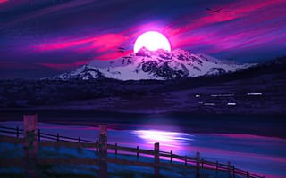 Картинка небо, звезды, птицы, река, пейзаж, ночь, природа, горы