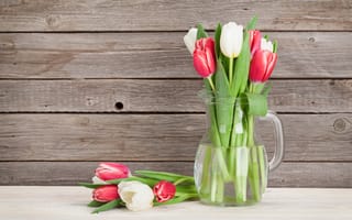 Картинка цветы, букет, white, тюльпаны, wood, red, tulips, flowers