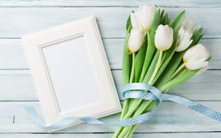 Картинка цветы, букет, tulips, white, тюльпаны, flowers, рамка, wood