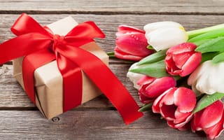Картинка цветы, подарок, тюльпаны, red, love, white, букет, wood