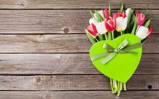 Картинка цветы, подарок, love, white, тюльпаны, heart, букет, red