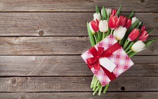 Картинка цветы, подарок, букет, love, тюльпаны, wood, red, white