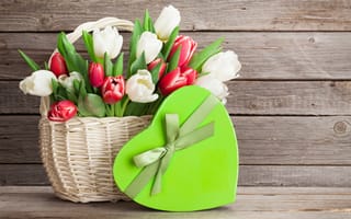 Картинка цветы, подарок, тюльпаны, red, white, букет, love, heart