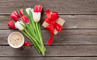 Картинка цветы, подарок, white, red, love, тюльпаны, букет, wood
