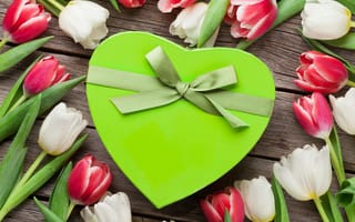 Картинка цветы, подарок, heart, love, тюльпаны, white, букет, red