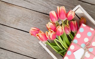 Картинка цветы, подарок, тюльпаны, flowers, wood, red, букет, love