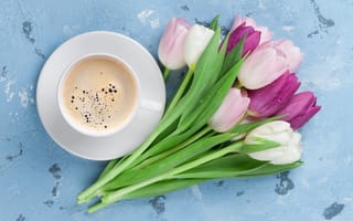 Картинка цветы, букет, flowers, tulips, тюльпаны, coffee cup, pink