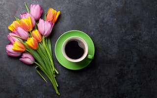 Картинка цветы, букет, colorful, тюльпаны, tulips, coffee cup, flowers, pink