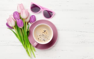Картинка цветы, букет, coffee cup, tulips, flowers, colorful, тюльпаны, pink