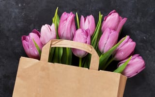 Картинка цветы, букет, pink, tulips, тюльпаны, flowers, bag, spring