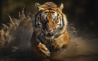 Картинка Вода, Взгляд, Морда, Прыжок, Тигр, Спереди, Цифровое искусство, Брызги