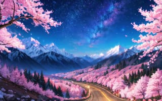 Картинка Sky, Snowy, Night, Scenery, Mountain, Forest, Digital Art, Cherry Blossom