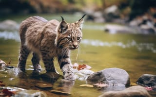 Картинка Вода, Взгляд, Большая кошка, Цифровое искусство, Рысь, Камни, Котенок, Детеныш
