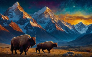 Картинка animals, art, mountains, bison