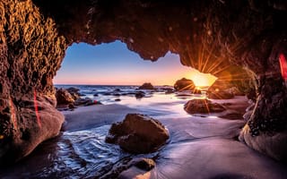 Картинка песок, пляж, природа, солнце, океан, небо, пейзаж, скалы