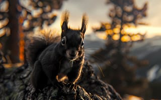 Картинка Природа, Деревья, Цифровое искусство, Мордочка, Рассвет, Белка, Грызун, Животное