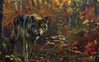 Картинка Трава, Деревья, Хищник, Цифровое искусство, Искусство искусственного интеллекта, Лес, ИИ-арт, Волк
