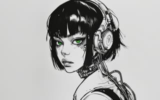 Картинка headphones, science fiction, cyborg, women, short hair, cyberpunk, manga, face