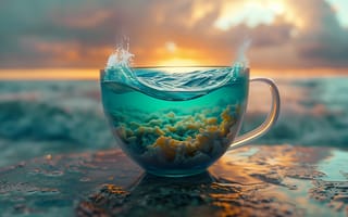 Картинка waves, sunset, depth of field, cup, AI art, surreal, illustration, liquid