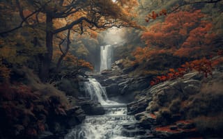 Картинка осень, лес, водопад, НЕЙРОСЕТЬ, ИИ-арт