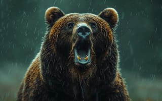 Картинка Дождь, Медведь, Хищник, ИИ-арт, Цифровое искусство, Оскал, Морда, Бурый медведь