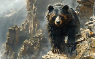 Картинка Взгляд, Скалы, ИИ-арт, Искусство искусственного интеллекта, Хищник, Медведь, Цифровое искусство, Черный медведь