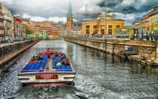 Картинка небо, облака, лодка, водный канал, Дания, Копенгаген
