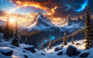 Картинка landscape, nature, AI art, mountain view, snow