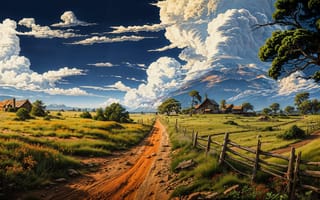 Картинка AI art, artwork, ranch, landscape, clouds