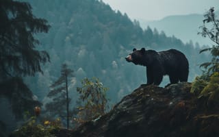 Картинка Горы, Деревья, Цифровое искусство, ИИ-арт, Медведь, Черный медведь, Искусство искусственного интеллекта, Хищник
