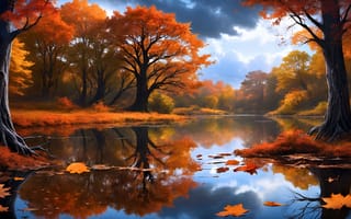 Картинка trees, landscape, ai art, pond, nature