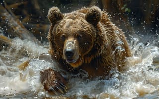 Картинка Вода, Медведь, Хищник, ИИ-арт, Бурый медведь, Цифровое искусство, Морда, Речка