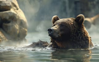 Картинка Вода, Медведь, Бурый медведь, Хищник, Уши, Цифровое искусство, Речка, Морда