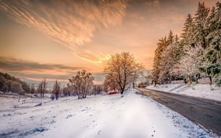 Картинка закт, дорога, зима, снег, деревья, пейзаж, небо