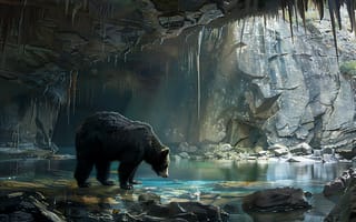 Картинка Вода, Медведь, ИИ-арт, Цифровое искусство, Хищник, Грот, Искусство искусственного интеллекта, Черный медведь