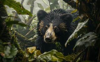 Картинка Лес, Листья, Черный медведь, Хищник, ИИ-арт, Медведь, Цифровое искусство, Морда
