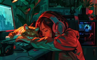 Картинка women, AI art, cats, LoFi, headphones, sleeping, illustration, colorful