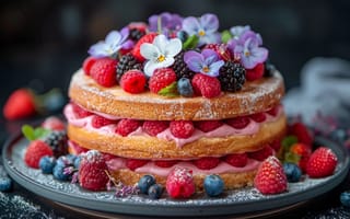 Картинка цветы, ягоды, анютины глазки, черника, малина, крем, торт, десерт