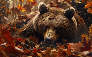 Картинка Листья, Медведь, Искусство искусственного интеллекта, Цифровое искусство, Бурый медведь, ИИ-арт, Хищник, Морда