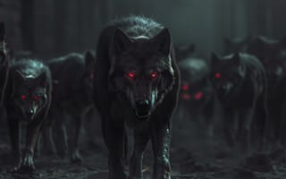 Картинка dark, red eyes, AI art, wolf