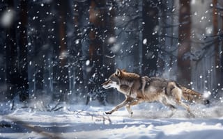 Картинка Зима, Деревья, ИИ-арт, Волк, Хищник, Бег, Цифровое искусство, Снег