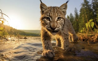 Картинка Вода, Взгляд, Хищник, Рысь, Река, Морда, Цифровое искусство, Большая кошка