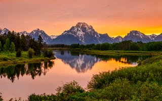 Картинка пейзаж, закат, США, Oxbow Bend, рассвет, река, горы, Grand Teton National Park