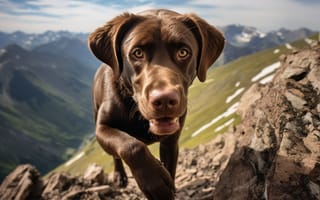 Картинка Горы, Собака, Взгляд, Искусство искусственного интеллекта, ИИ-арт, Нейросеть, Цифровое искусство, Лабрадор