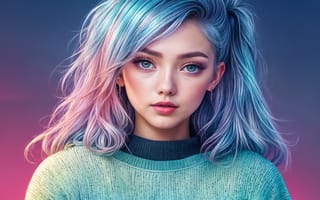 Картинка Fantasy, Blue eyes, Blue hair, Asian Girl, AI art